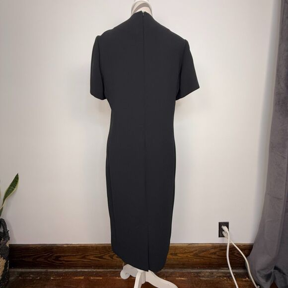Black Midi Sheath Dress – Classic Little Black Dress, Minimalist Short Sleeve - Picture 6 of 11